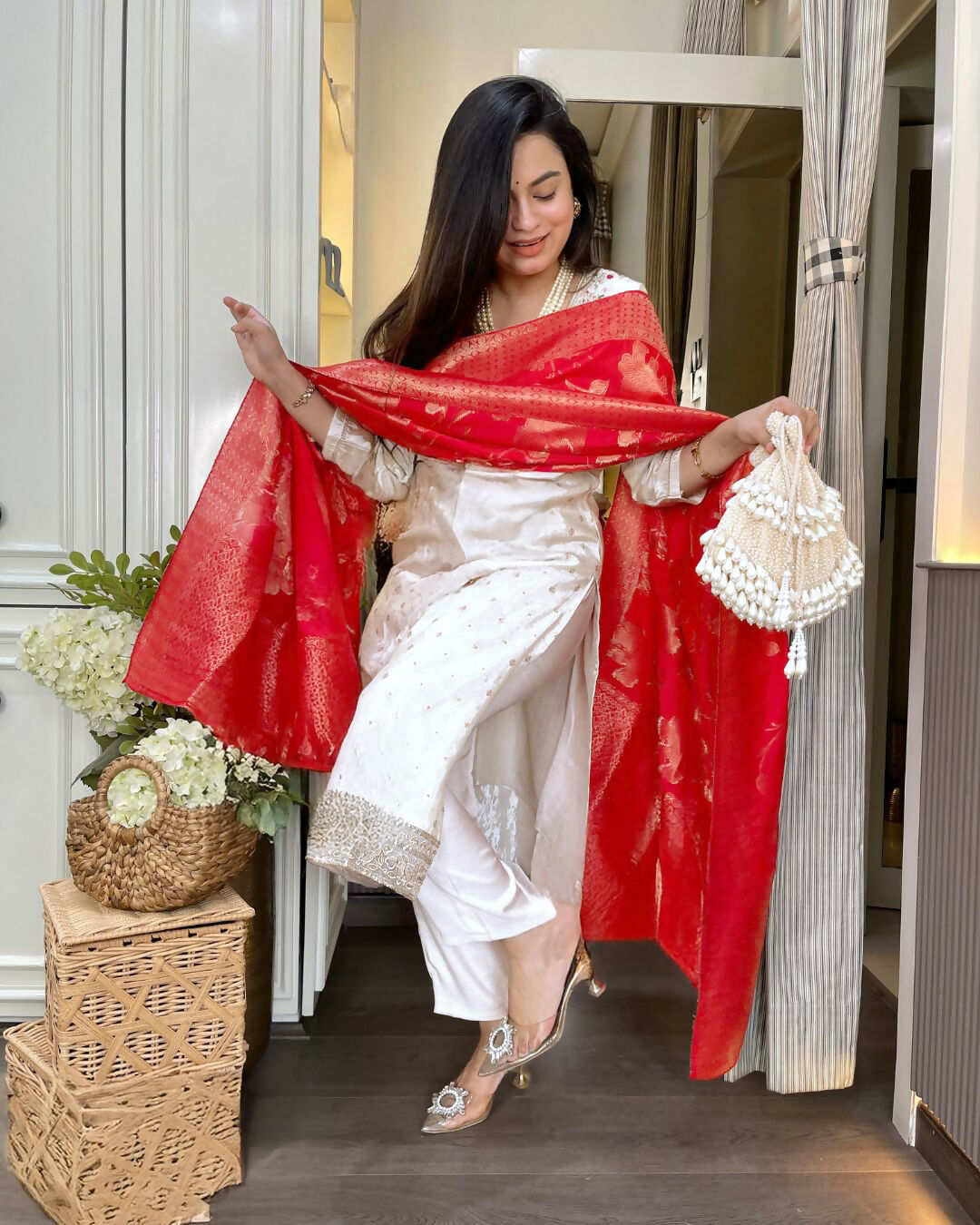 The52 White Women's Beautiful Chanderi Jacquard Fabric Embroidered Work Straight Kurta Pant and Dupatta Set | Grocsy