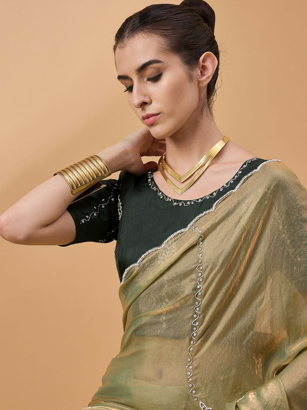 Green Muslin Embroidered Saree with Unstitched Blouse Piece - Satya | Grocsy