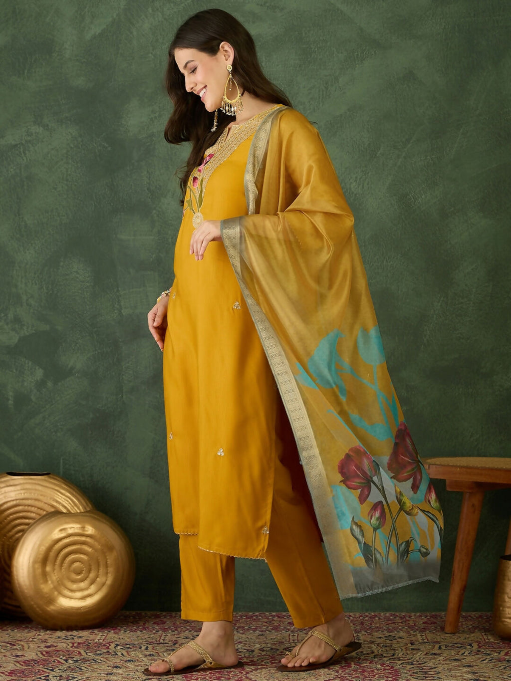 The52 Mustard Women's Beautiful Rayon Fabric Embroidered Work Straight Kurta, Pant and Dupatta Set | Grocsy