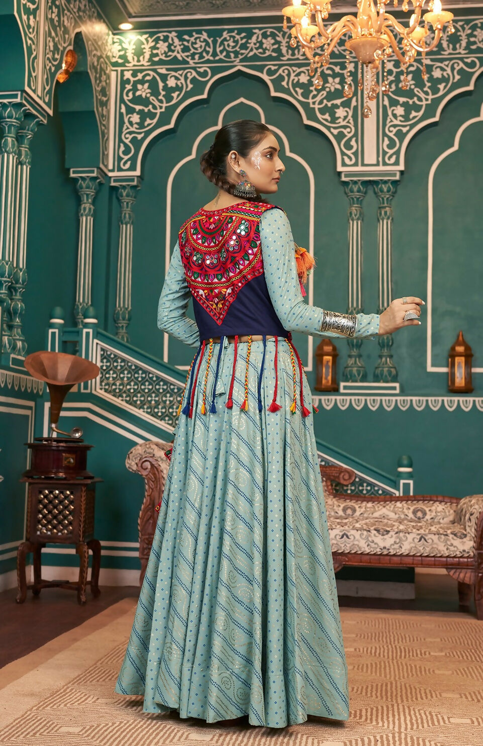 AI Fashion Pista Green Viscose Rayon Designer Navratri Lehenga Choli Collection | Grocsy