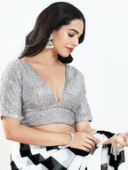 Joban Fashion Silver Silk Padded Blouse With V Neck Elbow Sleeves | Grocsy