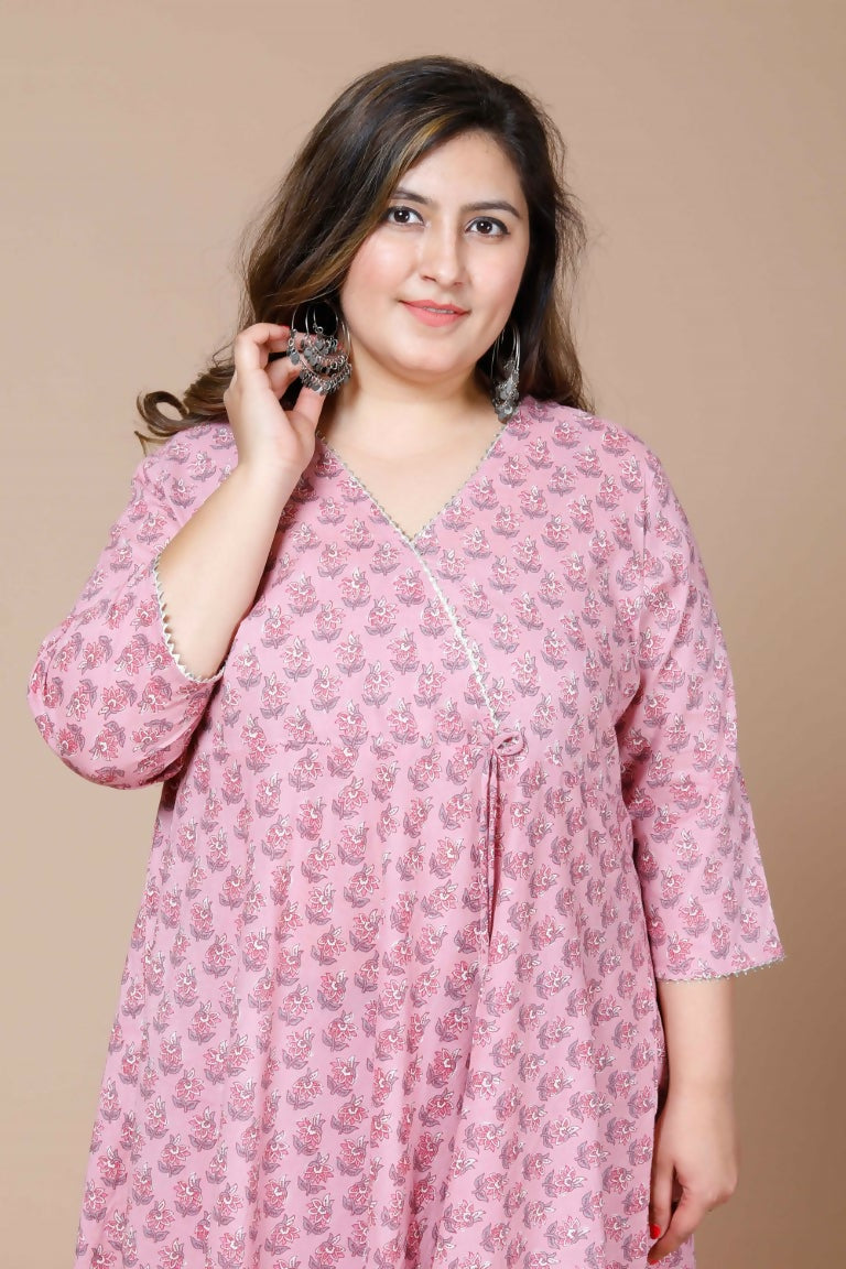 Miravan Women's Pink Plus Size Cotton Floral Print Long Anarkali Kurta | Grocsy