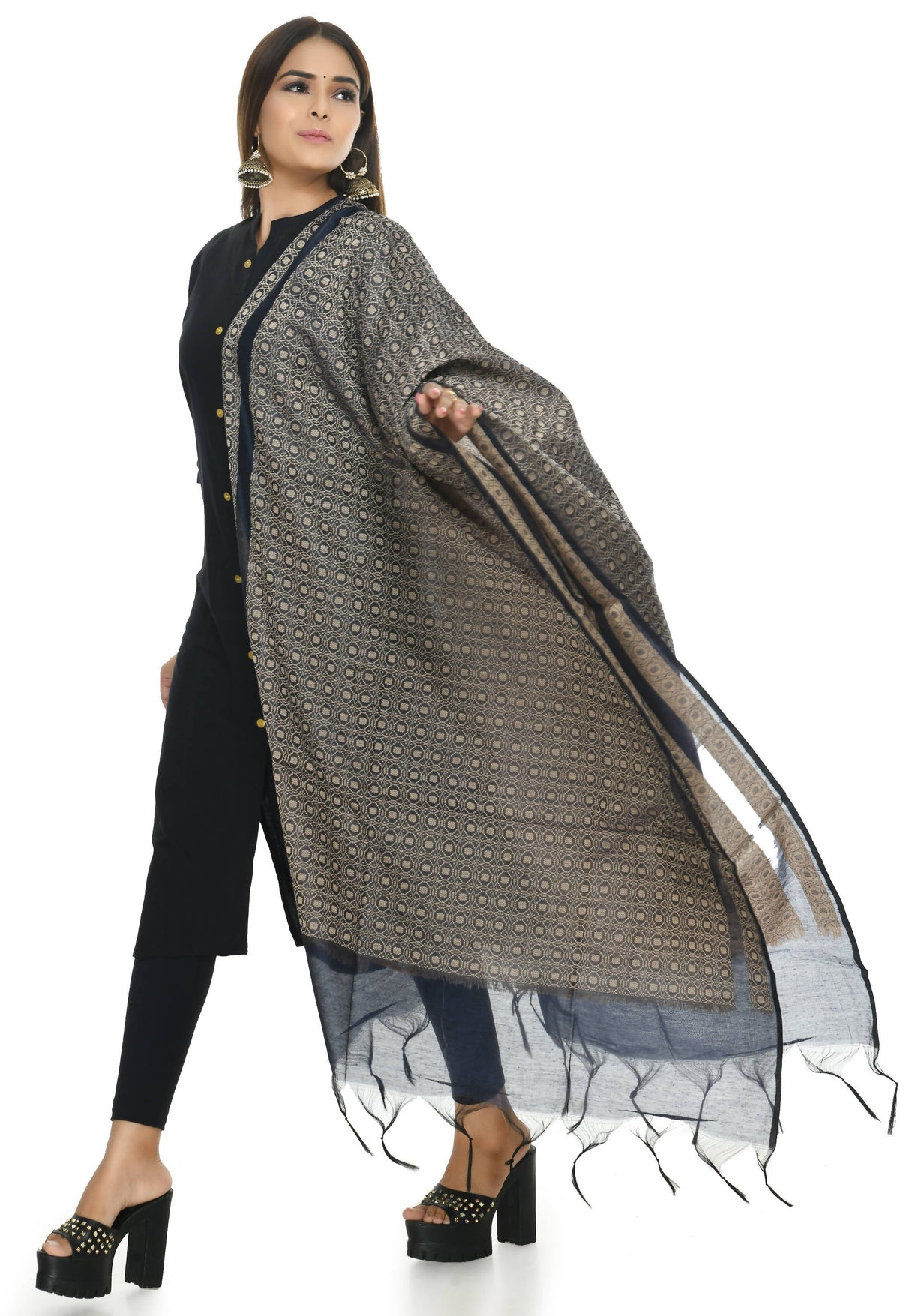 Mominos Fashion Moeza Handloom Cotton Navy Blue Dupatta For Women | Grocsy