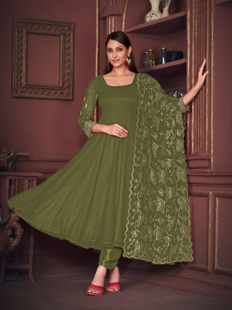Jyoti Fashion Women's Olive Green Georgette Embroidered Anarkali Kurta Pant Set With Dupatta | Grocsy