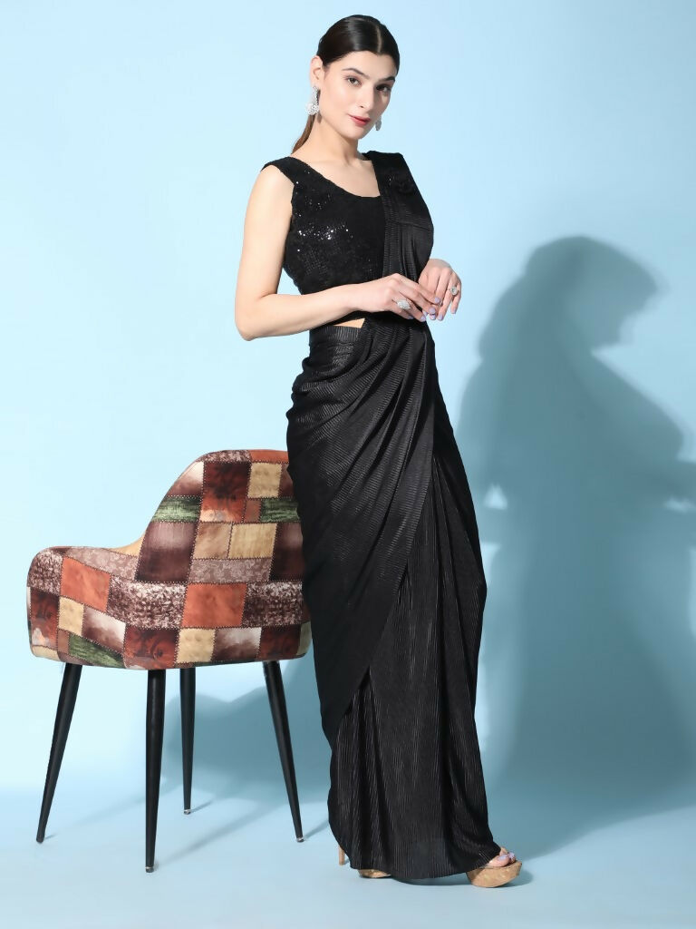 Black Imported Crush Lycra Texture Pattern Ready to Wear Saree with stitched Blouse - Nirvana | Grocsy