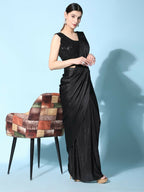 Black Imported Crush Lycra Texture Pattern Ready to Wear Saree with stitched Blouse - Nirvana | Grocsy
