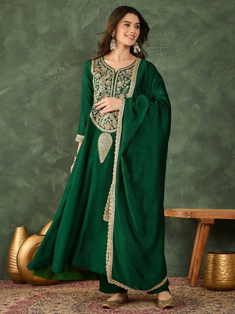 The52 Women's Beautiful Embroidery Work Vichitra Silk Fabric Flared Kurta Pant and Dupatta Set | Grocsy
