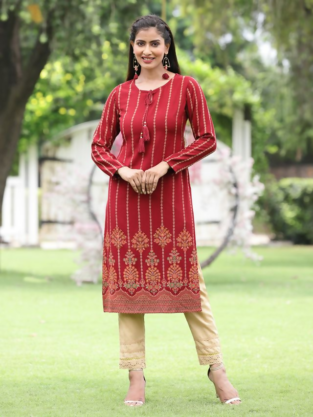 Juniper Maroon Ethnic Motif Printed Acrylic Straight Kurta. | Grocsy