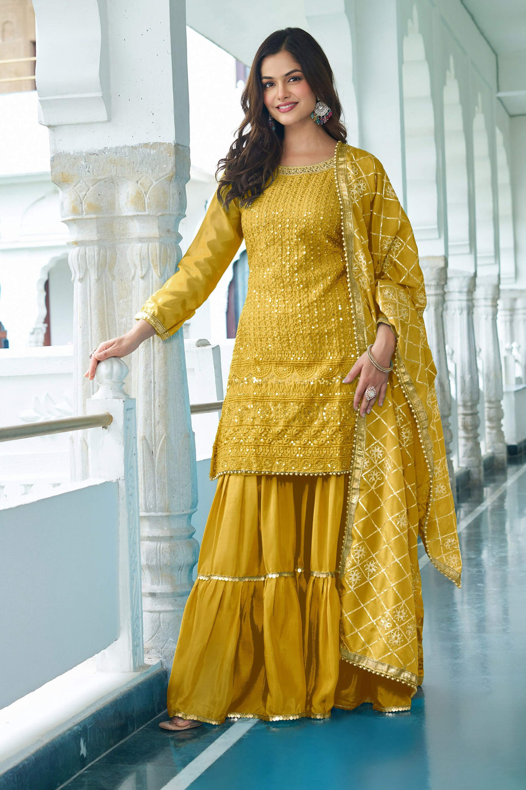 Joban Fashion Yellow Kurta Set Chinon Silk Embroidery Sequence Work | Grocsy