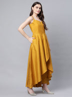 Ahalyaa Women Mustard Poly Silk Gold-Toned Printed Kurta With Trousers | Grocsy