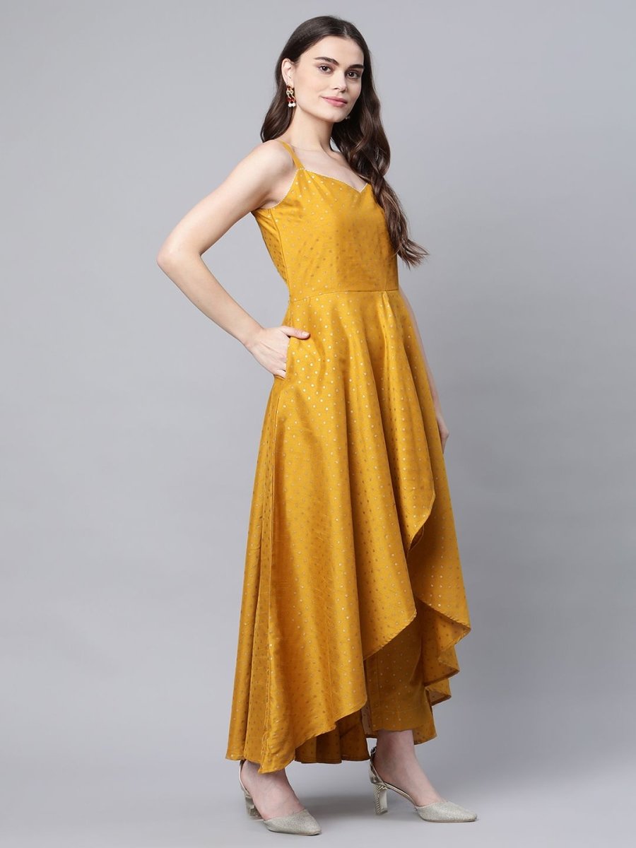 Ahalyaa Women Mustard Poly Silk Gold-Toned Printed Kurta With Trousers | Grocsy