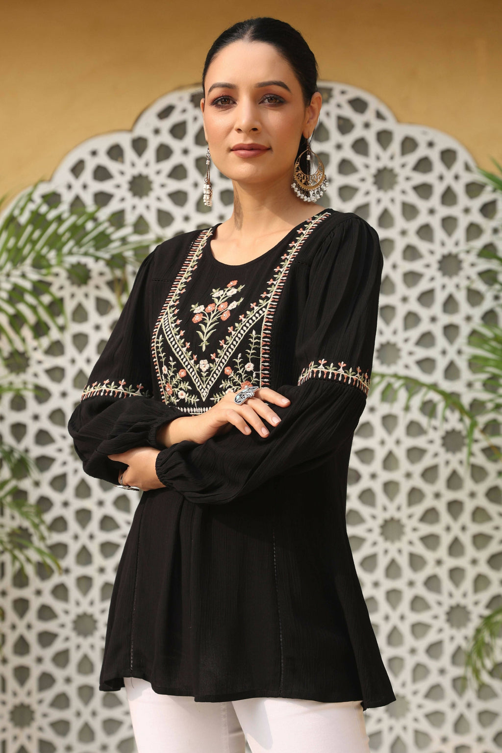 Juniper Women's Black Rayon Crepe Solid With Embroidery Straight Tunic | Grocsy