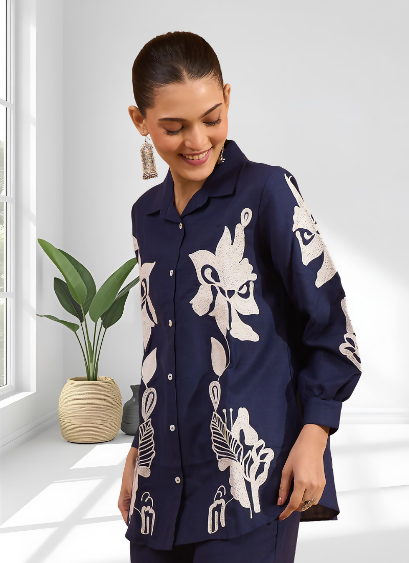 Joban Fashion Navy Blue Cotton, Linen Embroidered Readymade Cord Set | Grocsy