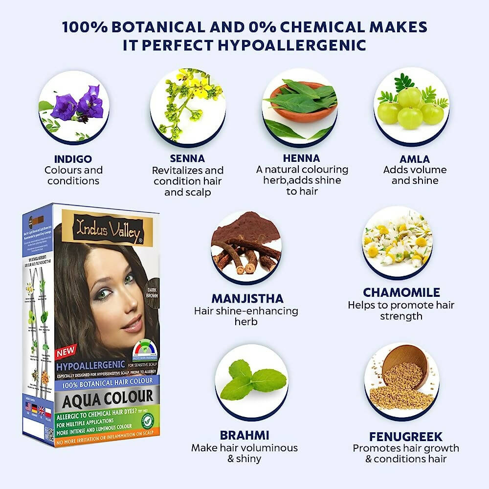 Indus Valley Botanical Hypo Allergic Aqua Color For Hair- Dark Brown | Grocsy