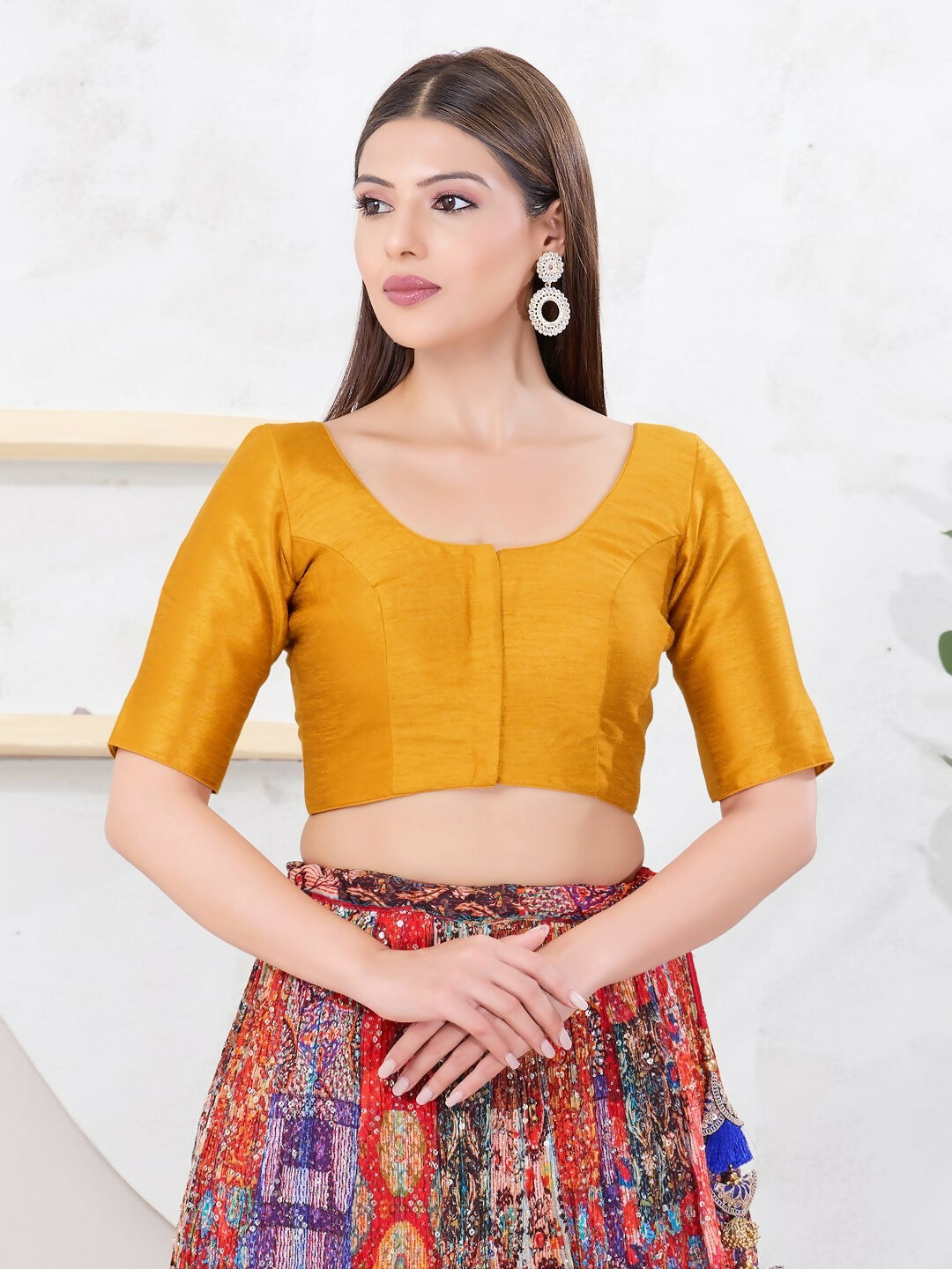 Joban Fashion Mustard Dupion Silk Elbow Sleeveless Front Open Blouse | Grocsy