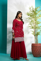 Aayaa Designer Faux Gorgette Embroidery Zari Sequins Thread work Full Flaired plazzo Suit with Dupatta - Maroon | Grocsy