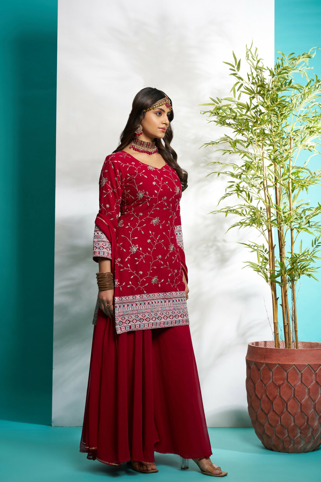 Aayaa Designer Faux Gorgette Embroidery Zari Sequins Thread work Full Flaired plazzo Suit with Dupatta - Maroon | Grocsy