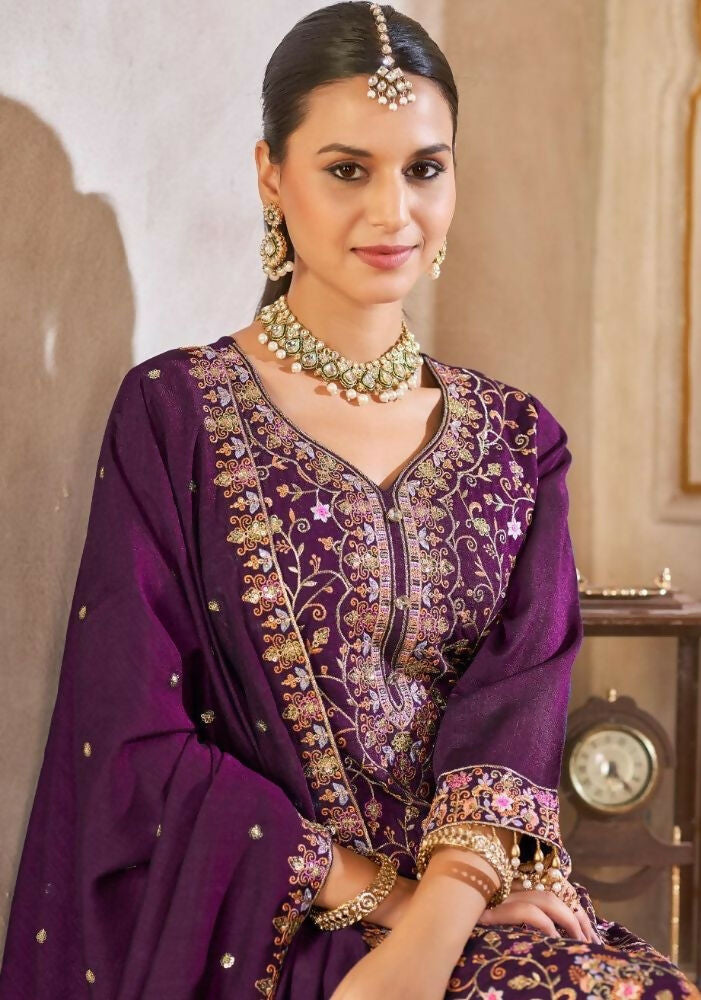 Anaita Purple Vichitra Silk Readymade Suit with Embroidery & Lace Work | Grocsy