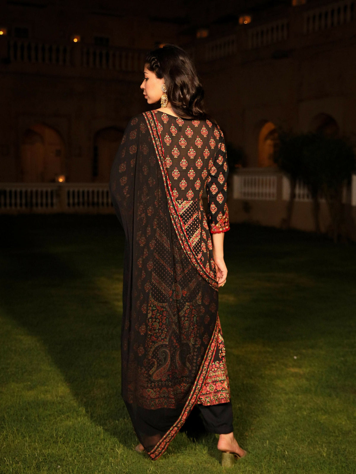 Juniper Women's Black Ethnic Motif Printed Rayon Kurta Palazzo And Dupatta With thread & Mirror Work | Grocsy