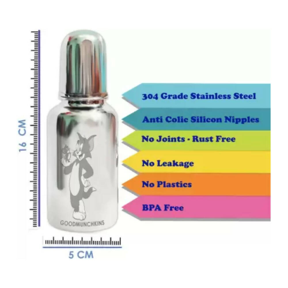 Goodmunchkins Stainless Steel Feeding Rustfree Bottle with 2 Anti Colic Silicone Nipple For Kids 220ml | Grocsy