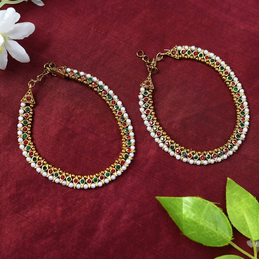 Mominos Fashion Kamal Johar Multi Kundan Anklets With Pearls | Grocsy