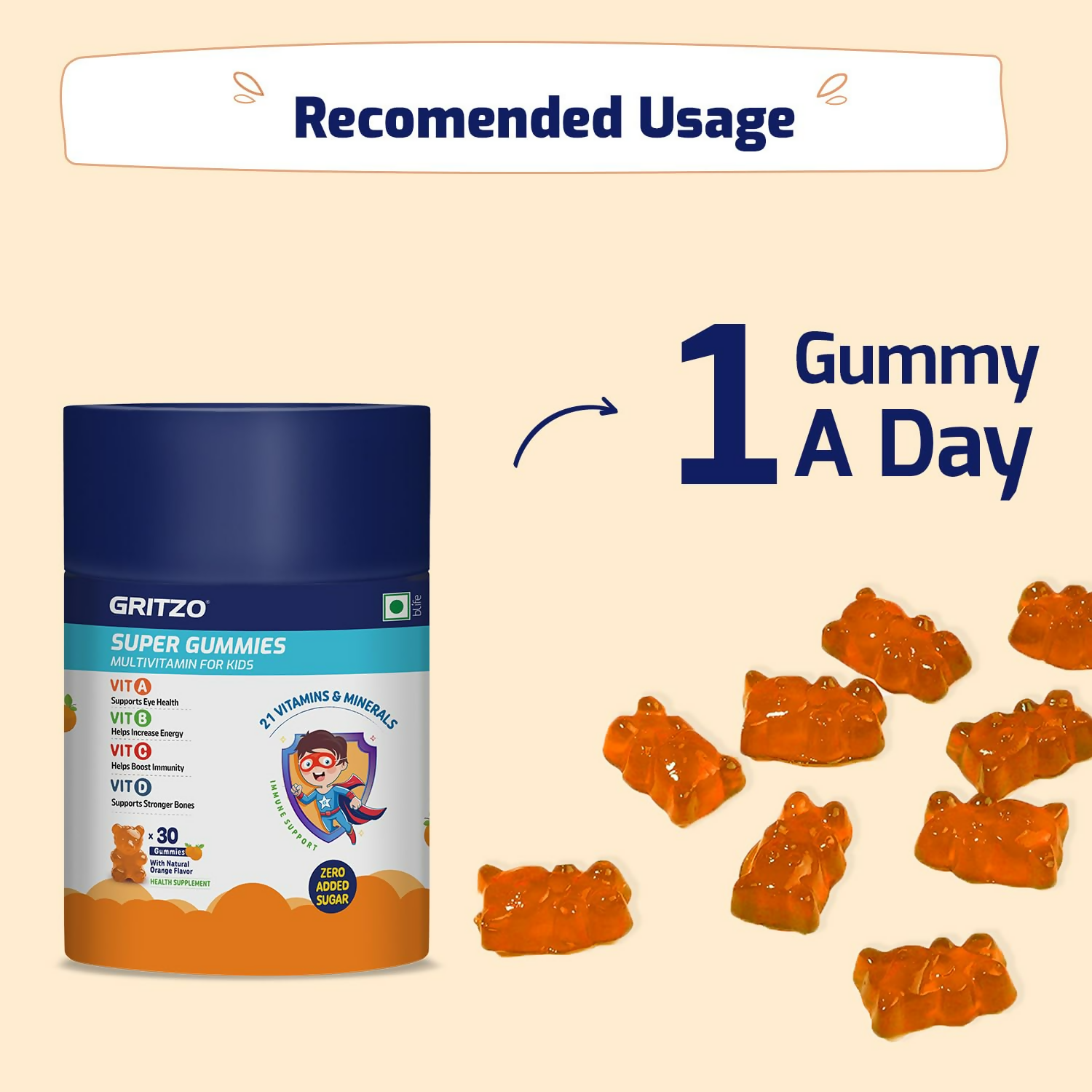 Gritzo Super Gummies, Multivitamin for Kids (Natural Strawberry & Natural Orange Flavours) | Grocsy