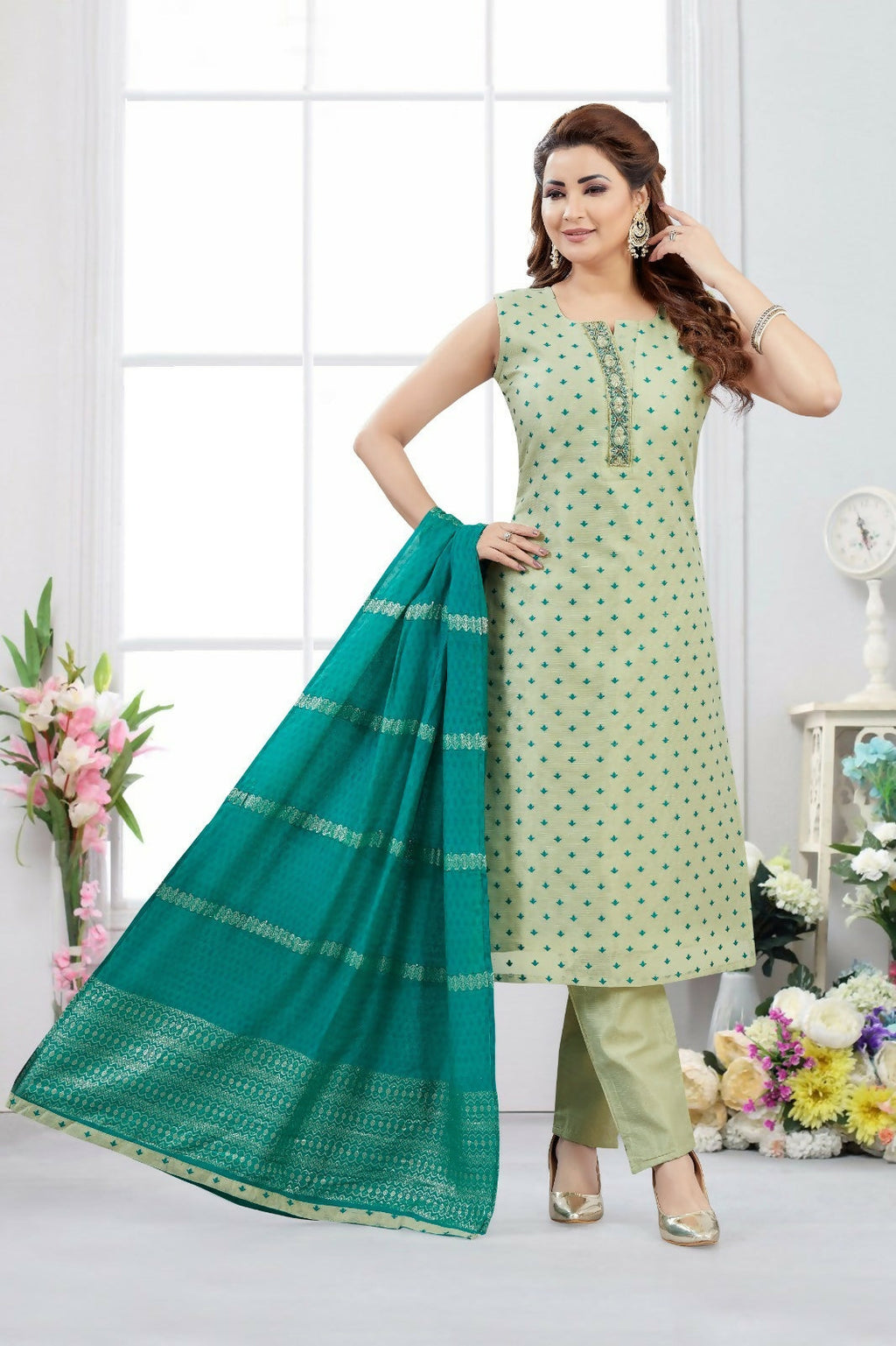 Joban Fashion Jacquard Olive Green Color Kurta Set | Grocsy