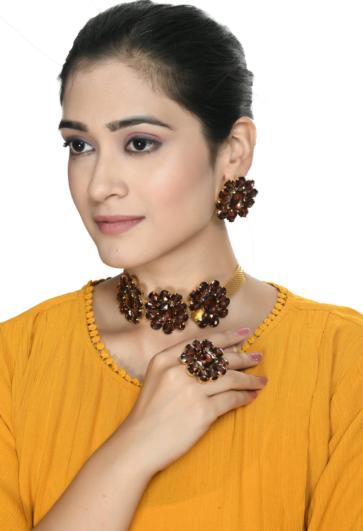 Mominos Fashion Joharkamal Gold-Polished Brass Finish Stone Choker For Women & Girls (Brown) | Grocsy