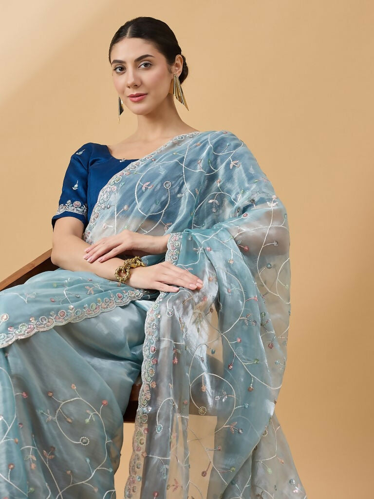 Blue Organza Sequence Embroidered Saree with Unstitched Blouse - Satya | Grocsy