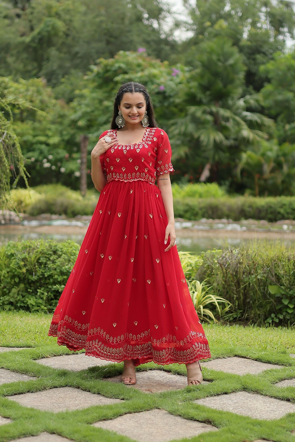 Joban Fashion Red Georgette Sequence Embroidery Work Gown | Grocsy
