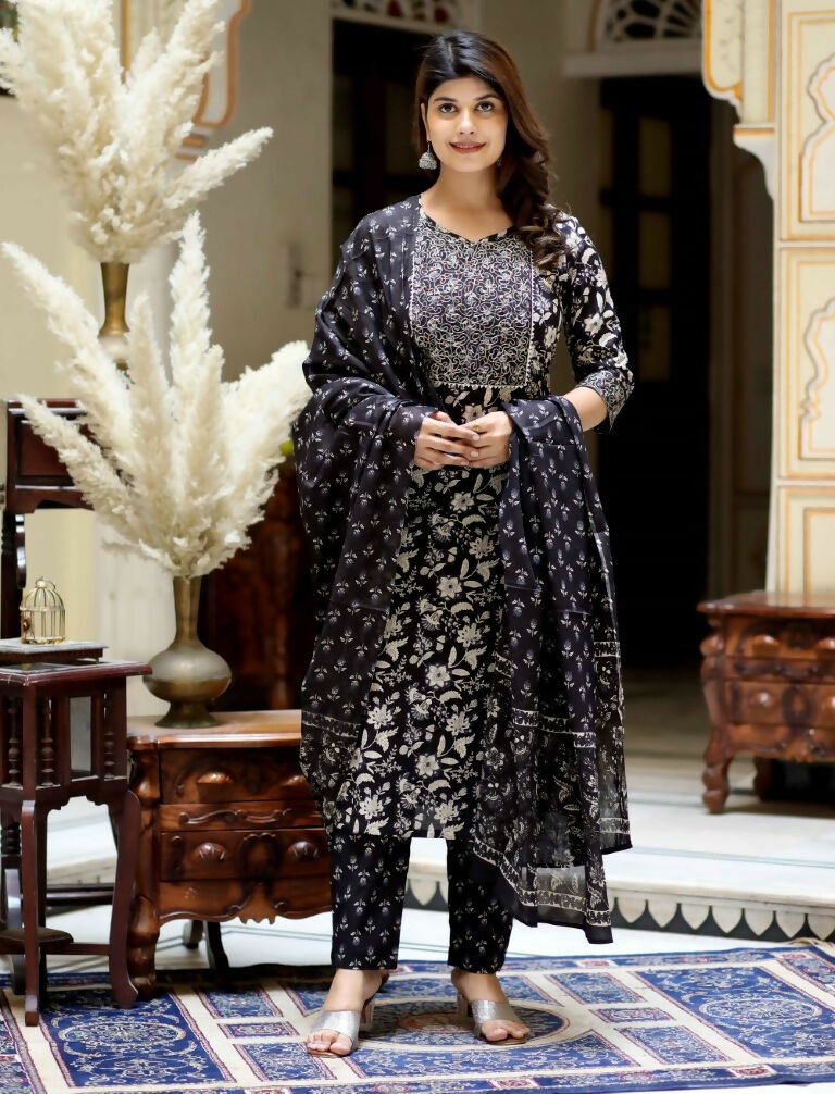 Miravan Women's Black Floral Printed Kurta Palazzo With Dupatta Set | Grocsy