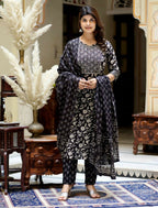 Miravan Women's Black Floral Printed Kurta Palazzo With Dupatta Set | Grocsy