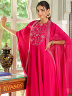 Janasya Pink Georgette Embroidered Dress & Cape | Grocsy