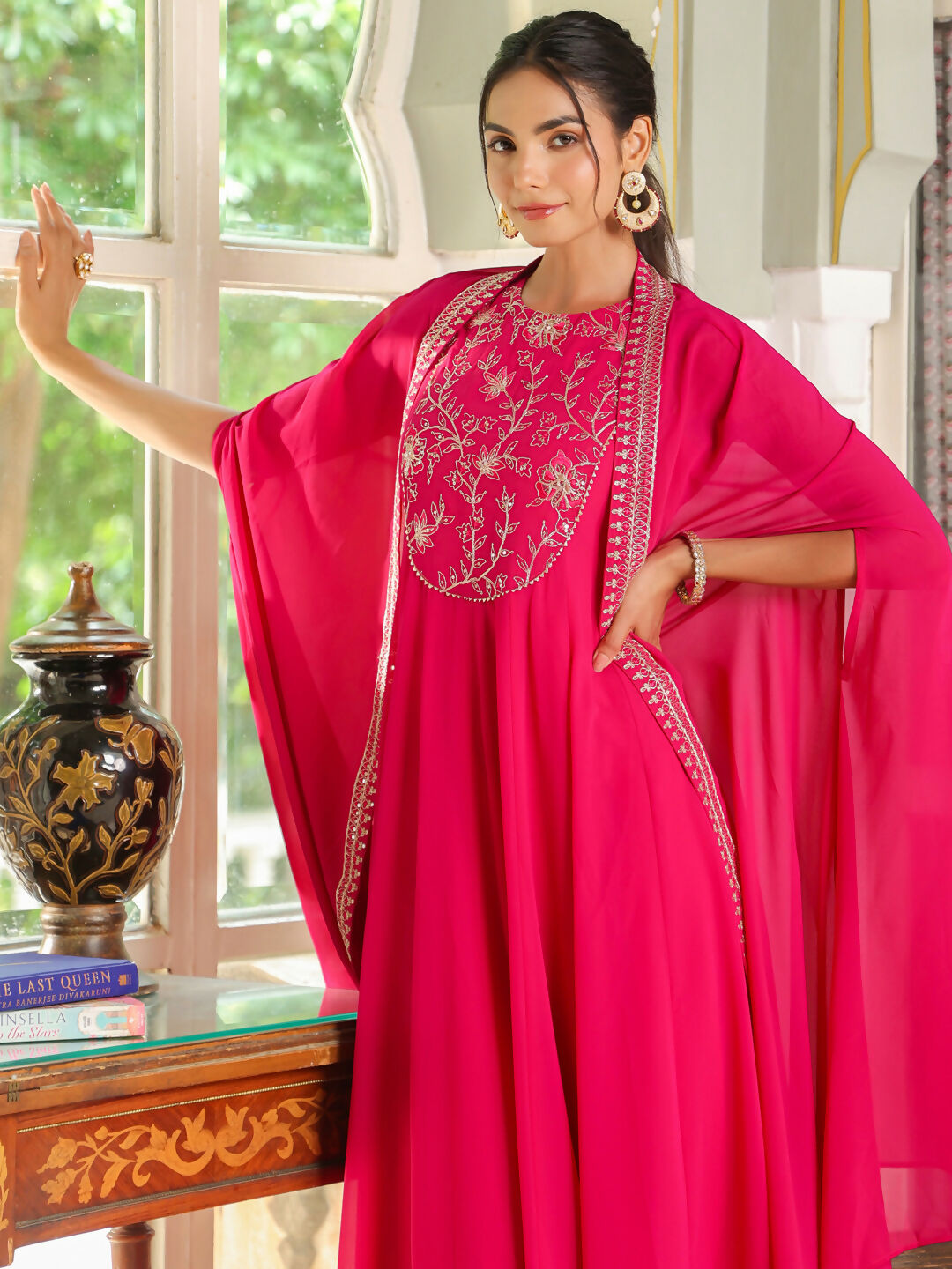 Janasya Pink Georgette Embroidered Dress & Cape | Grocsy