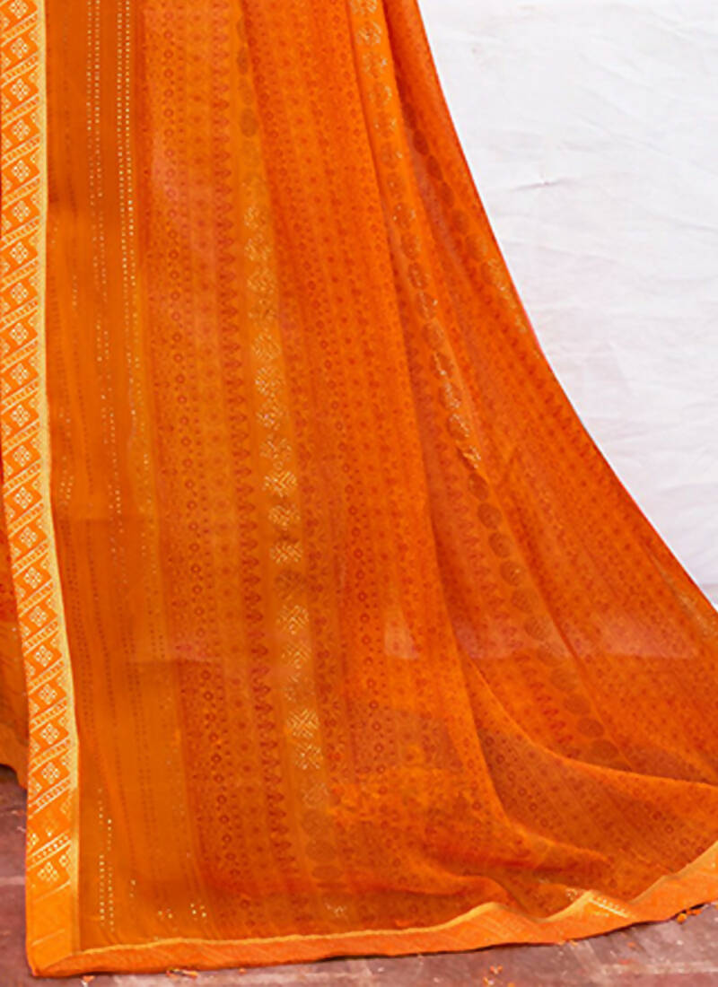 Orange Georgette Foil Printed Saree with Unstitched Blouse Piece - Avika | Grocsy