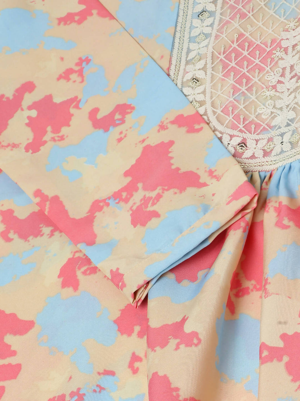 Beige & Pink Poly Crepe Digital Printed Top with Matching Bottom - Preeti | Grocsy