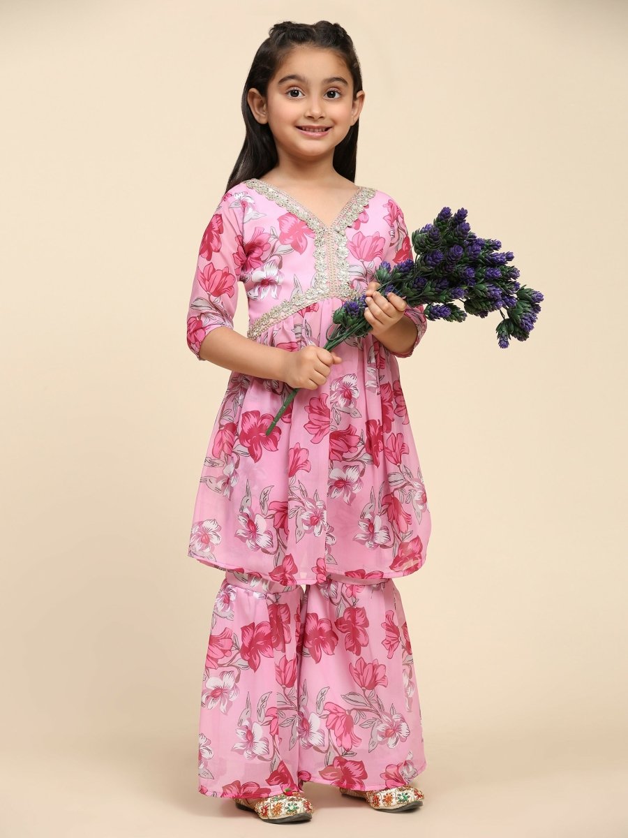 Alakhi Studio Girls Floral Georgette Printed V-Neck Kurta With Sharara - Pink | Grocsy