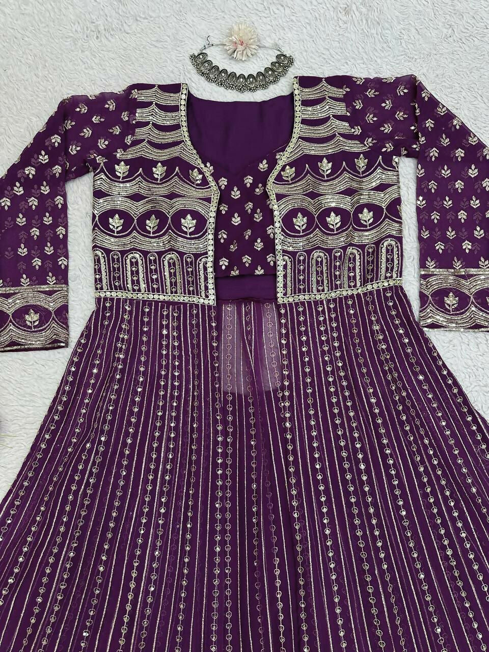 Jyoti Fashion Women's Wine Faux Georgette Sequins with Thread Embroidered Designer Lehenga Choli with Shrug Set | Grocsy