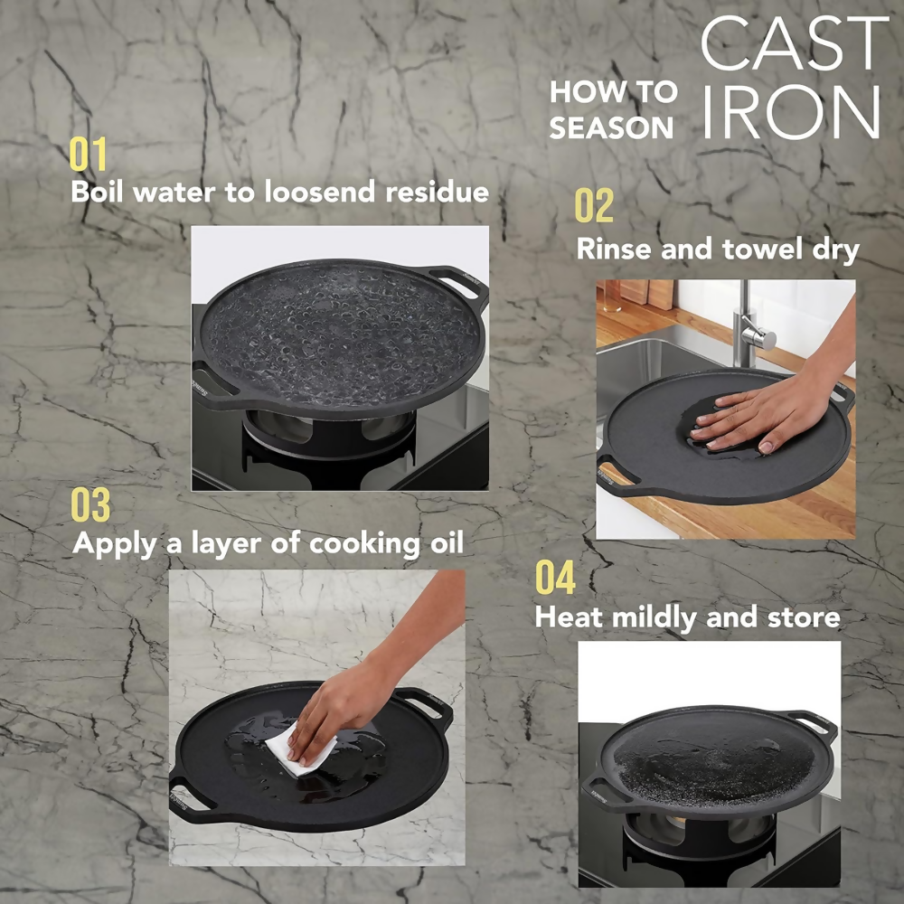 Sumeet Pre Seasoned Heavy Weight Cast Iron Flat, Induction Friendly Dosa Tawa - Black | Grocsy