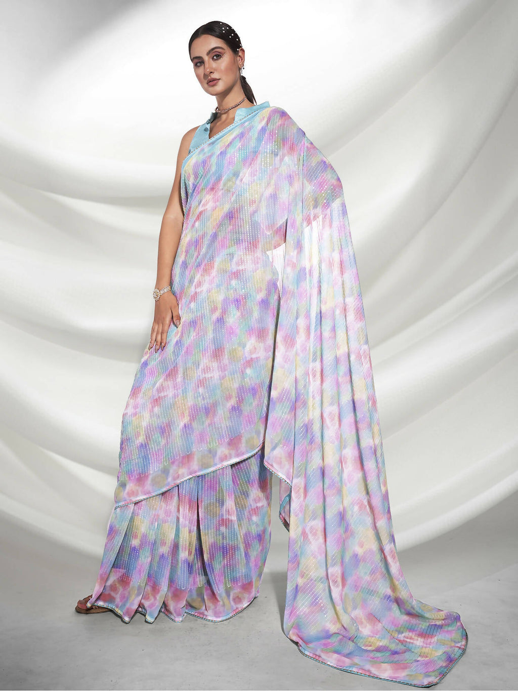 Blue Georgette Sequence Embroidery Saree With Unstitched Blouse Piece - Rajal | Grocsy