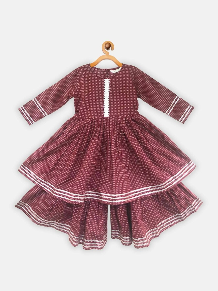 Ahalyaa Maroon Pure Cotton Digital Printed Kids Kurta Sharara Set For Girls | Grocsy