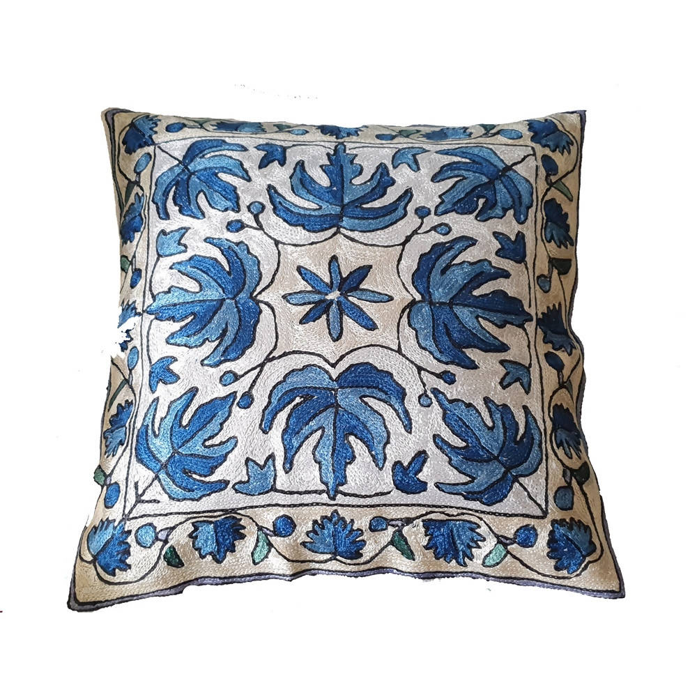 The Decor Nook Hand embroidered Crewel Cushion Covers in Blue Chinar Leaf Motif with Off White Base | Grocsy