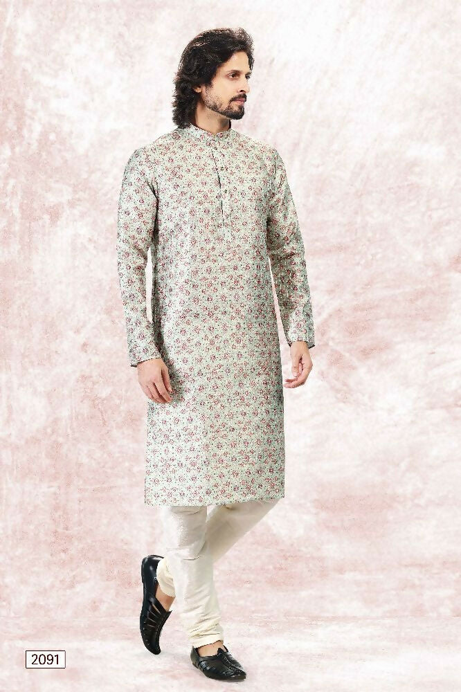 Raivat Ethnic Jacquard Banarasi Silk Digital Print Kurta Pajama In Pista Green Colour | Grocsy