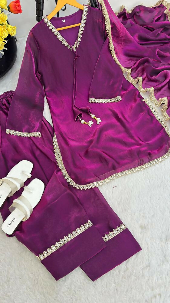 Teeya Creation New Trendy Elegant Wine Chanderi Silk Kurta Set with Delicate Lace Detailing and Matching Dupatta | Grocsy