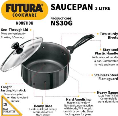 Hawkins Futura Non-stick Sauce Pan 20 cm Diameter with Lid 3 L (NS30G) | Grocsy