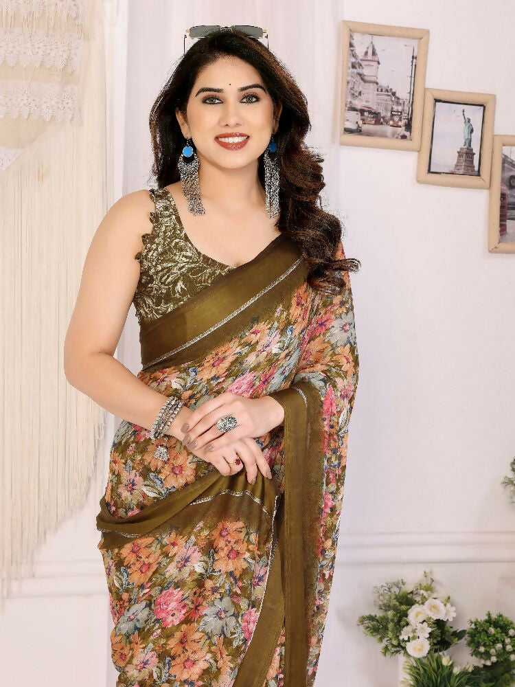 PR Fashion Cream Bright Moss Satin Patta Printed Saree | Grocsy