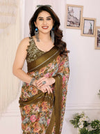 PR Fashion Cream Bright Moss Satin Patta Printed Saree | Grocsy