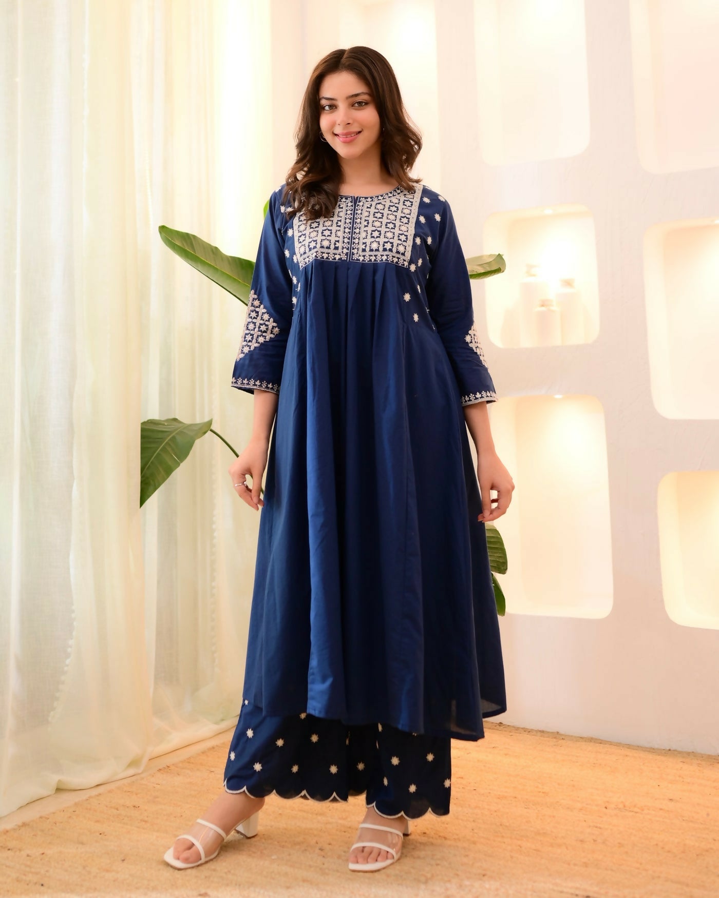 The52 Women's Beautiful Viscose Rayon Fabric Thread Work Flared Kurta Pant Set | Grocsy
