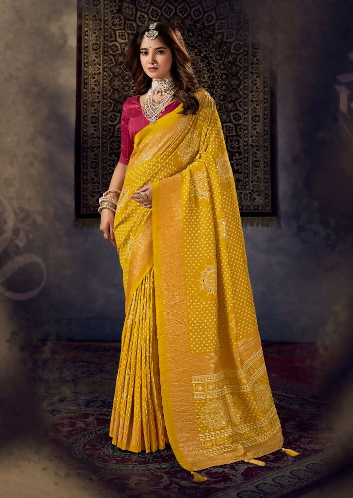 Joban Fashion Red Dola Silk Foil Print Zari Border Work Saree | Grocsy
