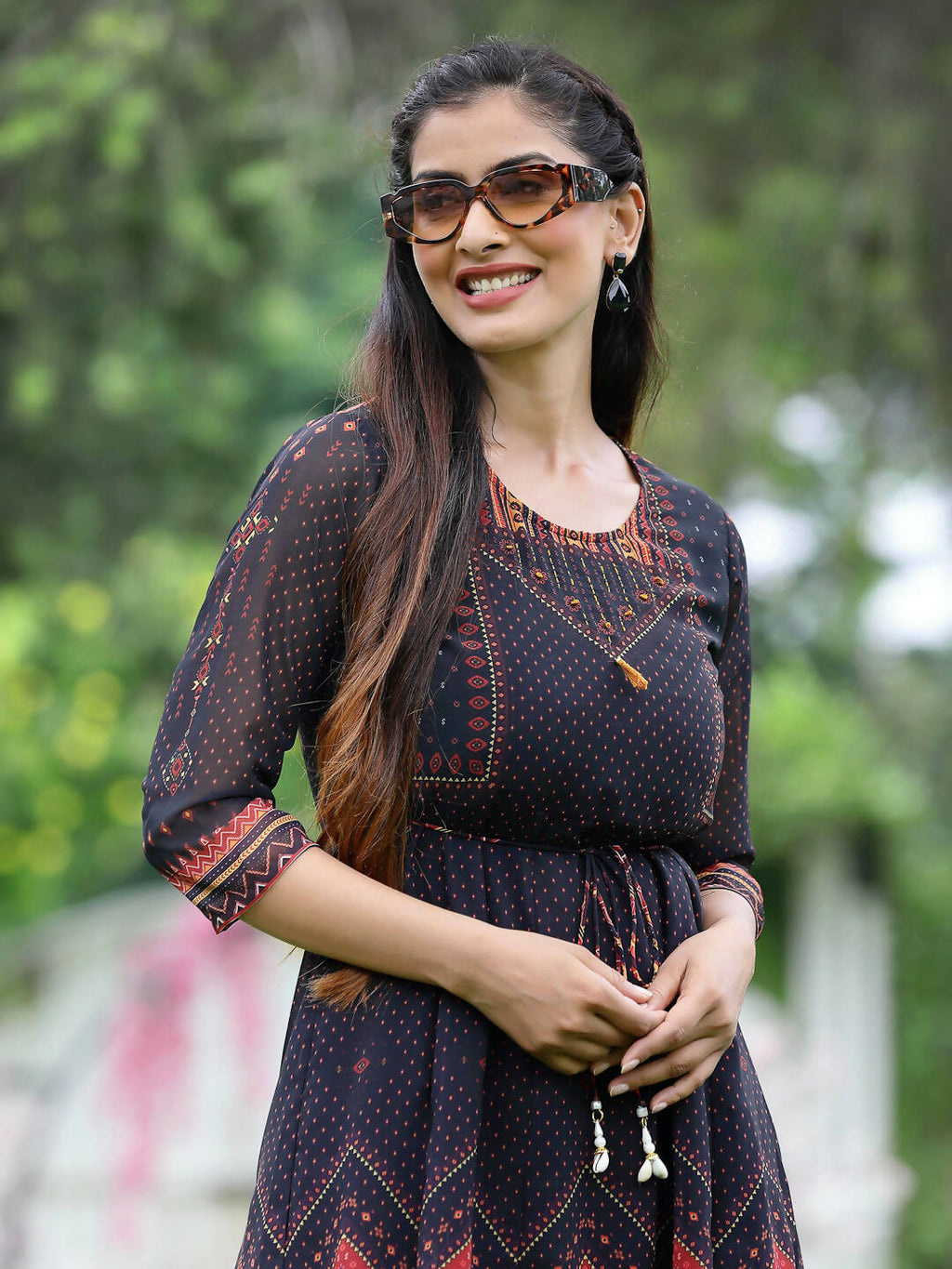 Juniper Black Georgette Festive Printed A-Line Dress For Women | Grocsy